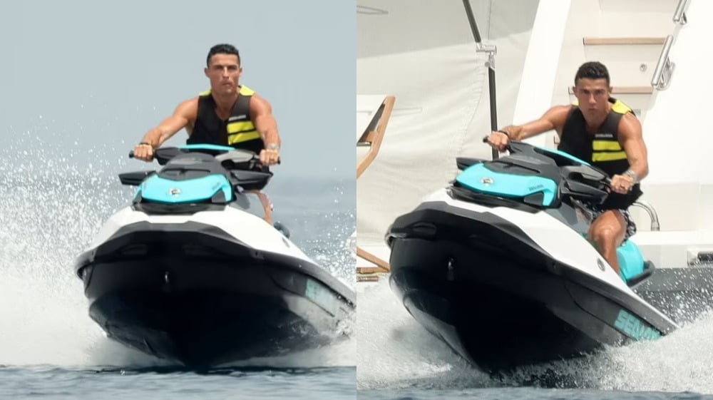 Cristiano Ronaldo jet skiing on his vacation.