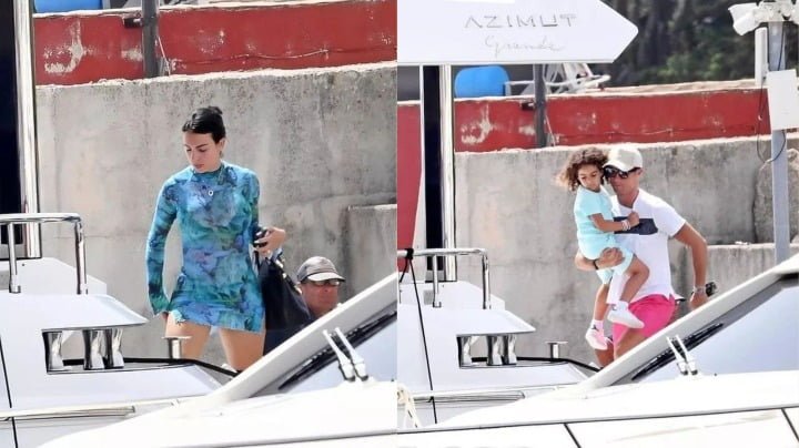 Cristiano and Georgina were spotted today with their children arriving at their yacht in Porto Cervo, Sardinia.